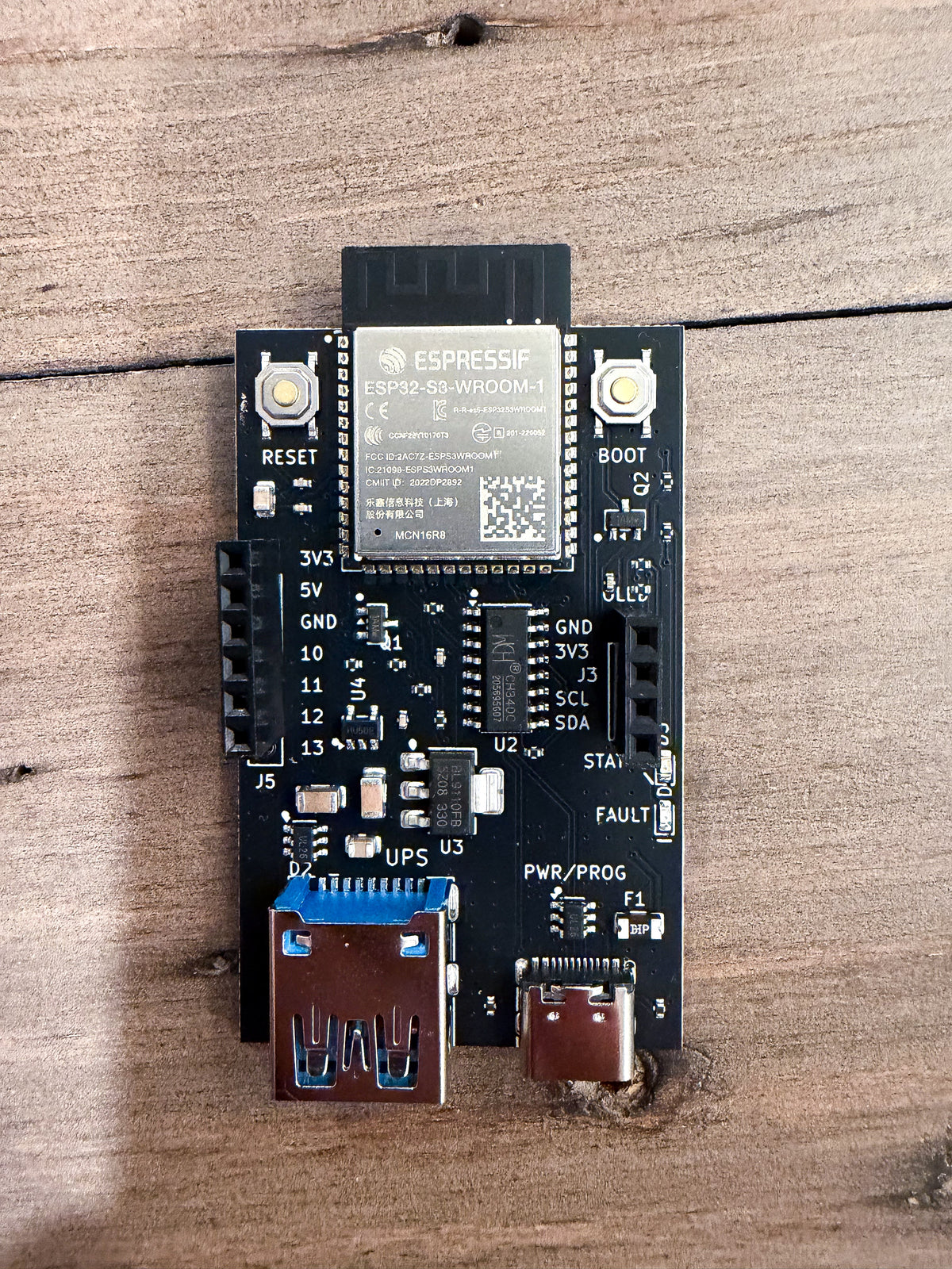 My UPS Pal board from above, with the USB-A port for the UPS and USB-C power